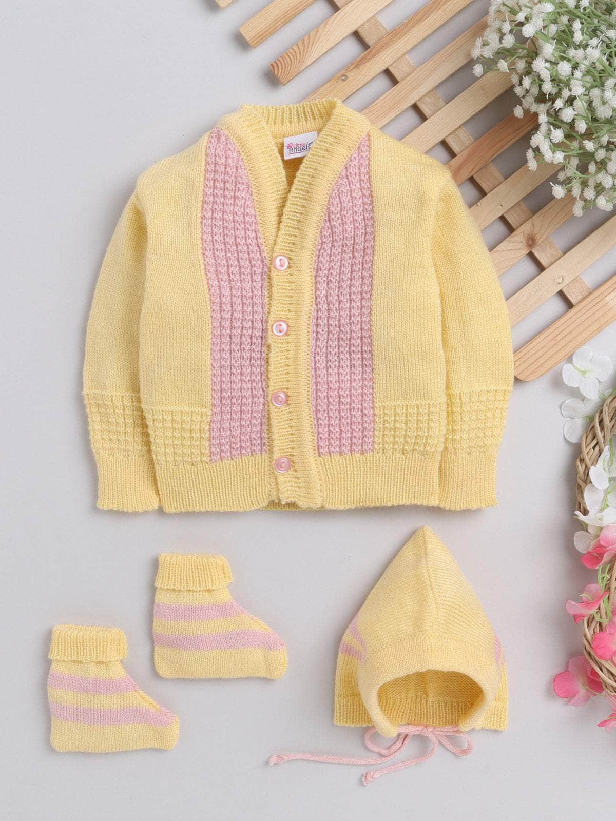 Little Angels Little Angels Sweater Set Baby Wool Full Sleeves V-Neck Textured Yellow 3-Piece Set Sweater Sets Little Stripes, Big Cuddles Set 0-3M / Yellow / Baby Wool