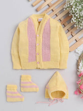 Little Angels Little Angels Sweater Set Baby Wool Full Sleeves V-Neck Textured Yellow 3-Piece Set Sweater Sets Little Stripes, Big Cuddles Set 0-3M / Yellow / Baby Wool