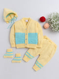 Little Angels Little Angels V-Neck Full Sleeves Color-Block Yellow & Green Cardigan, Pants, Cap & Socks Sweater Sets Mellow Hues Cozy Baby Sweater Set 0-3 M / Yellow & Green / Soft Wool