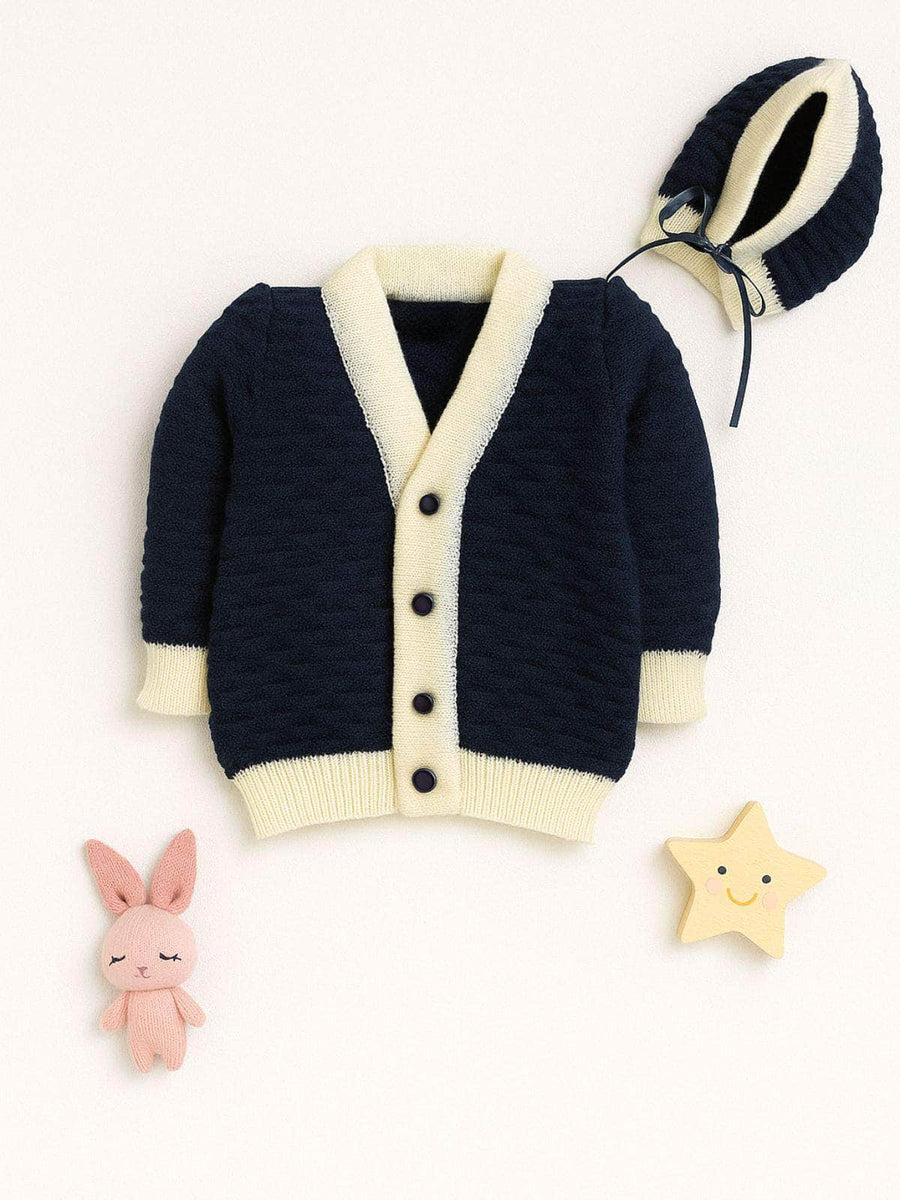 Navy & Cream star motif 3-piece baby wool sweater set for baby 6-12 months by Little Angels