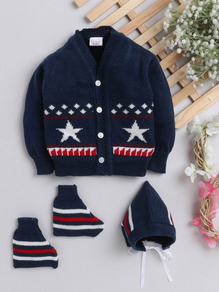 Navy star motif 3-piece baby wool sweater set for newborn 0-12 months by Little Angels