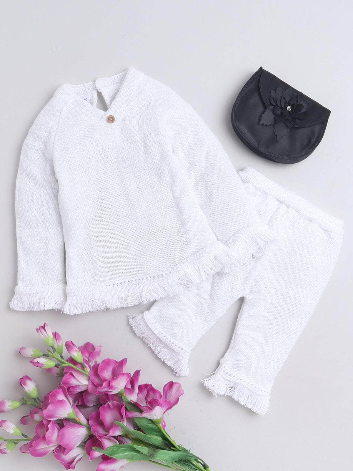 Little Angels 2 Pcs Sweater Set Solid V-Neck Baby Wool White Pullover and Pants For Baby Girls Sweater Sets Mini Fashion, Major Cuteness Set 0-3 M / White / Baby Wool