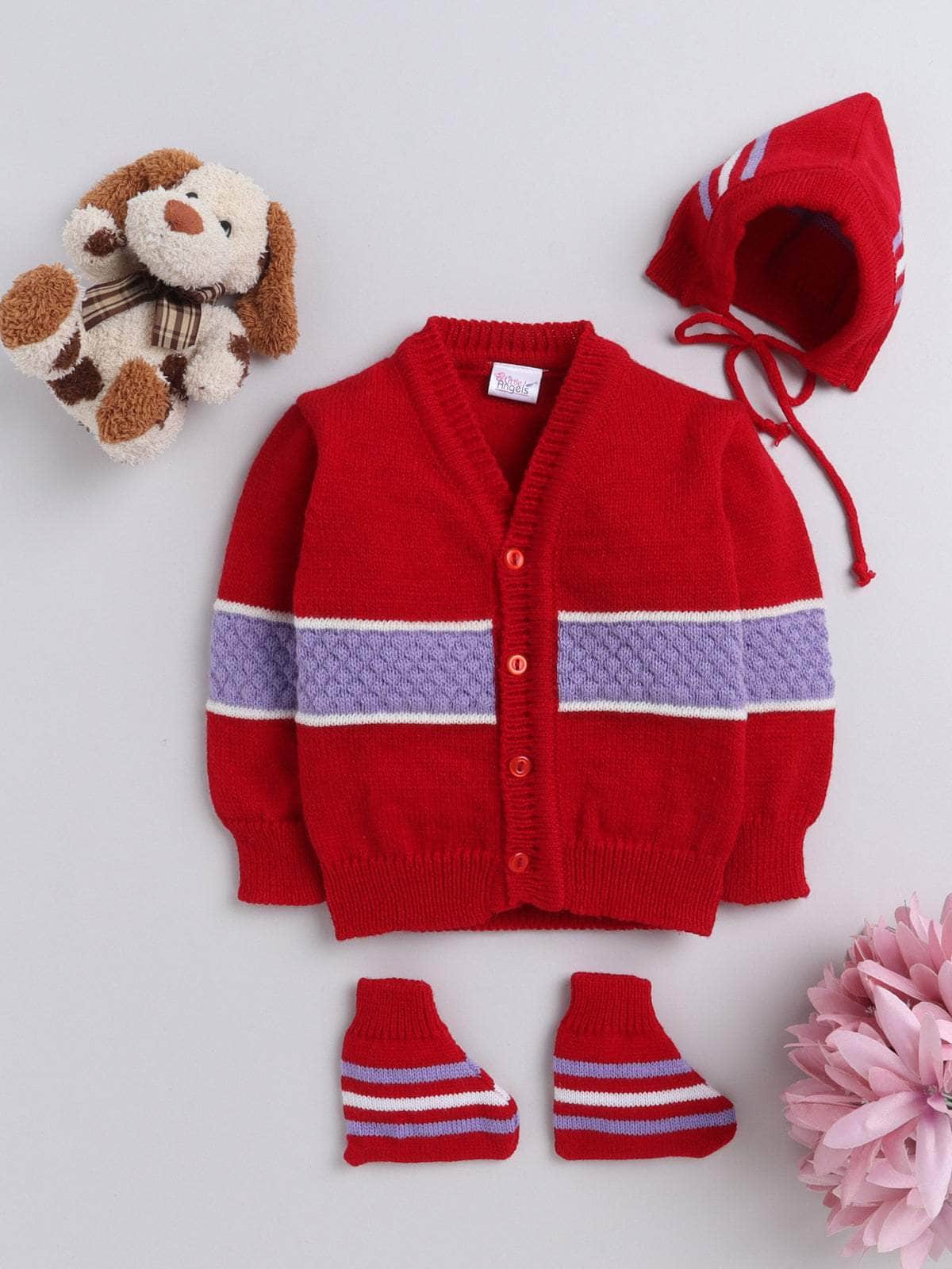 Little Angels Little Angels V-Neck Full Sleeves Full Sleeves Bubble Knitted  Cardigan, Tie-Knot Cap and Socks Sweater Sets Playful Punch Winter Baby Set 0-3M / Red / Baby Wool