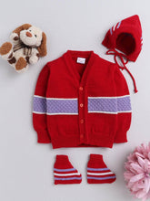 Little Angels Little Angels V-Neck Full Sleeves Full Sleeves Bubble Knitted Cardigan, Tie-Knot Cap and Socks Sweater Sets Playful Punch Winter Baby Set 0-3M / Red / Baby Wool