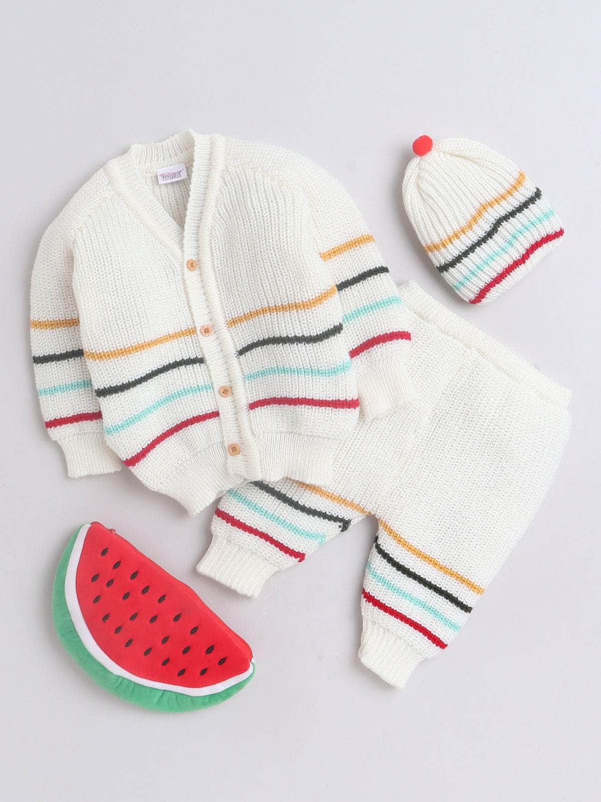 Little Angels Little Angels V-Neck Full Sleeves Full Sleeves Striped Cardigan, Cap & Pants Sweater Sets Rainbow Snuggles Knit Set 3-6M / Cream & Red / Baby Wool