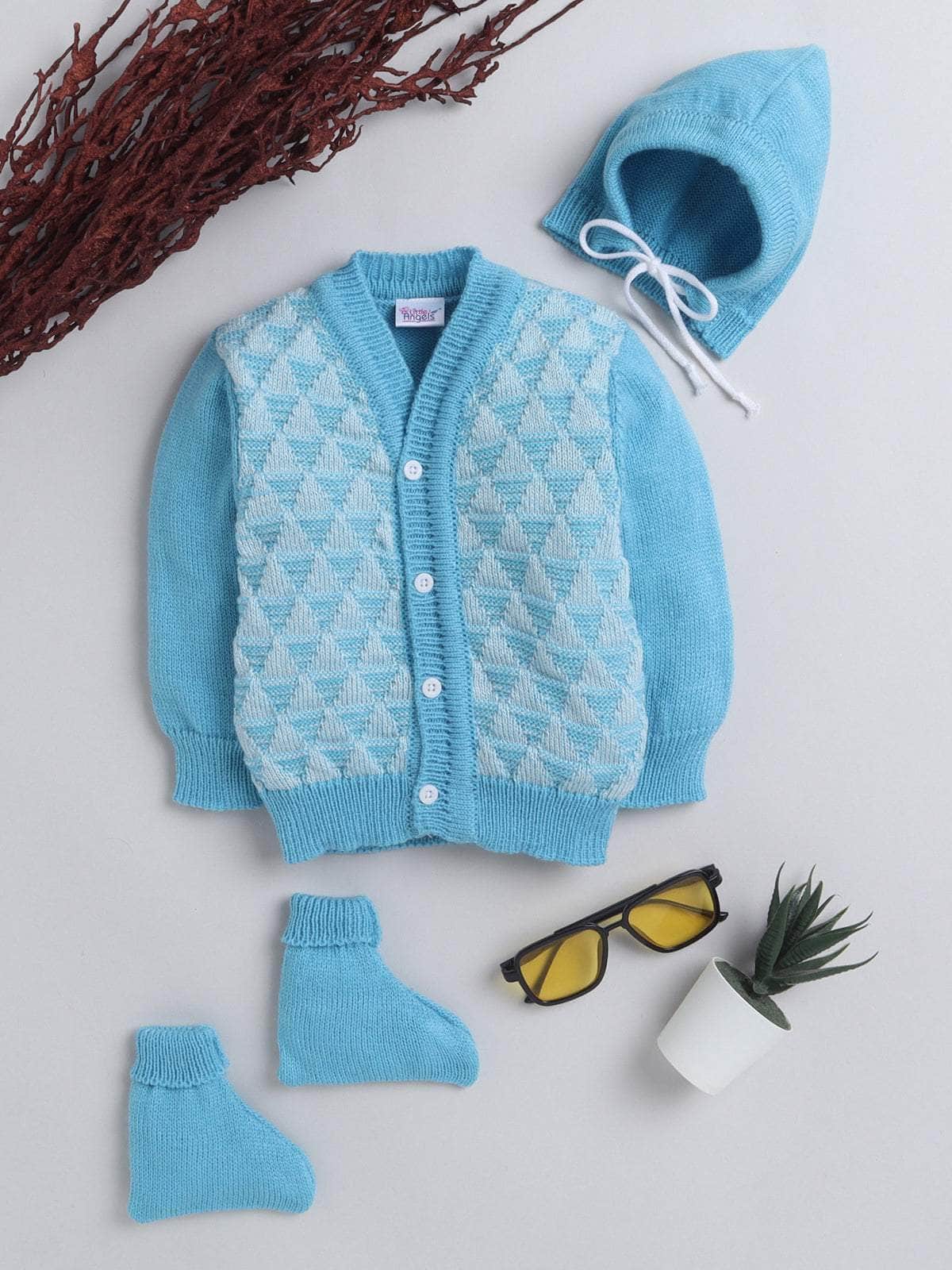 Little Angels Little Angels Sweater Set Baby Wool Full Sleeves V-Neck Textured Triangle Blue & White 3-Piece Set Sweater Sets Snow Cone Snugglewear Set 0-3M / Blue & White / Baby Wool