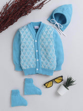 Little Angels Little Angels Sweater Set Baby Wool Full Sleeves V-Neck Textured Triangle Blue & White 3-Piece Set Sweater Sets Snow Cone Snugglewear Set 0-3M / Blue & White / Baby Wool