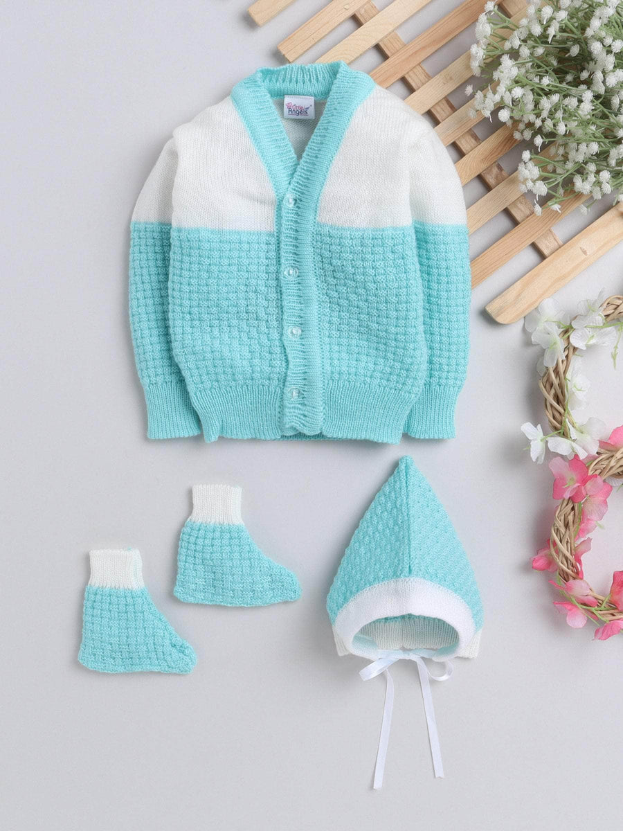 Green textured knit 3-piece baby wool sweater set for newborn 0-12 months by Little Angels