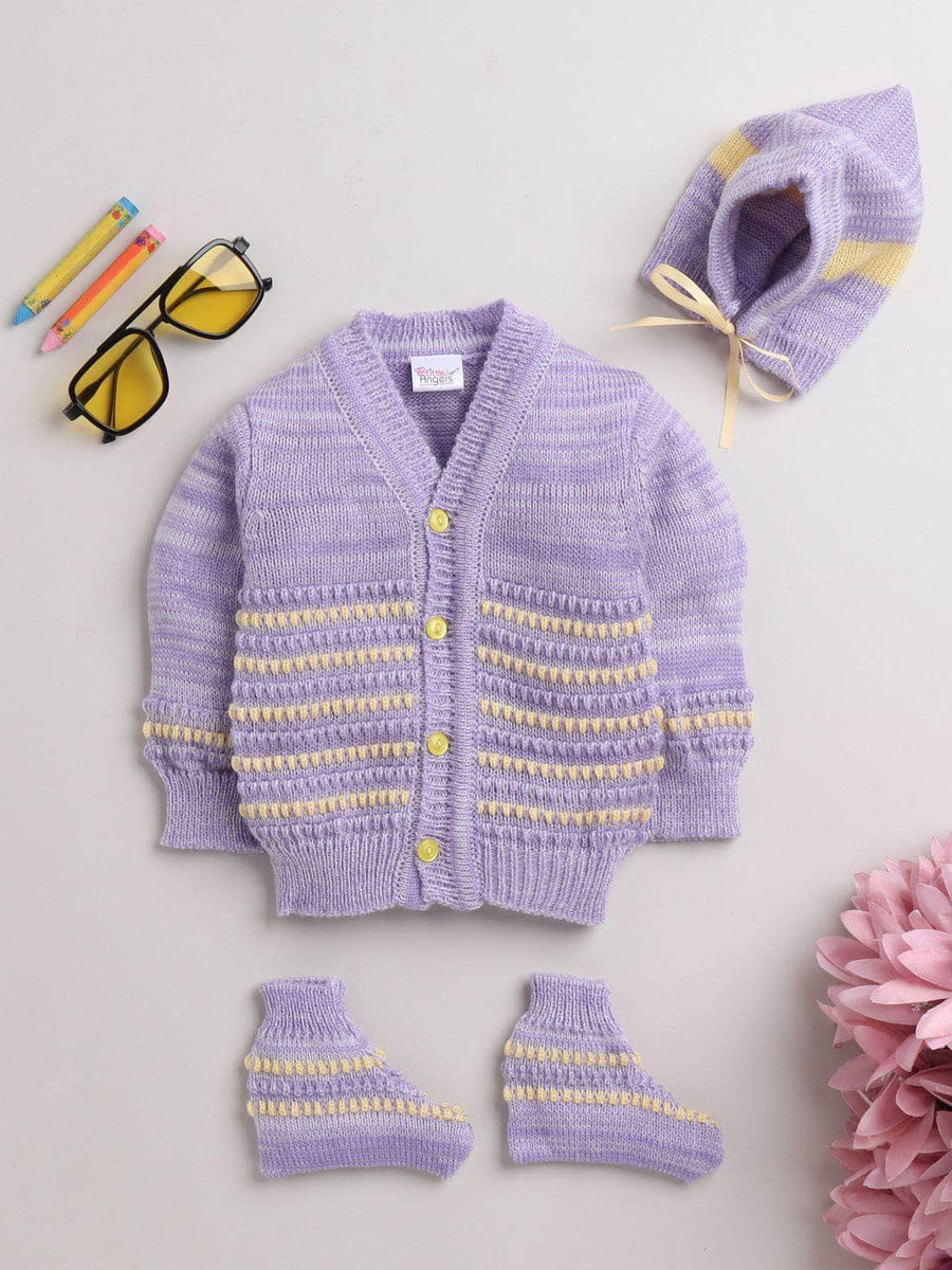 Violet pearl-stripe knit 3-piece baby wool sweater set for newborn 0-12 months by Little Angels
