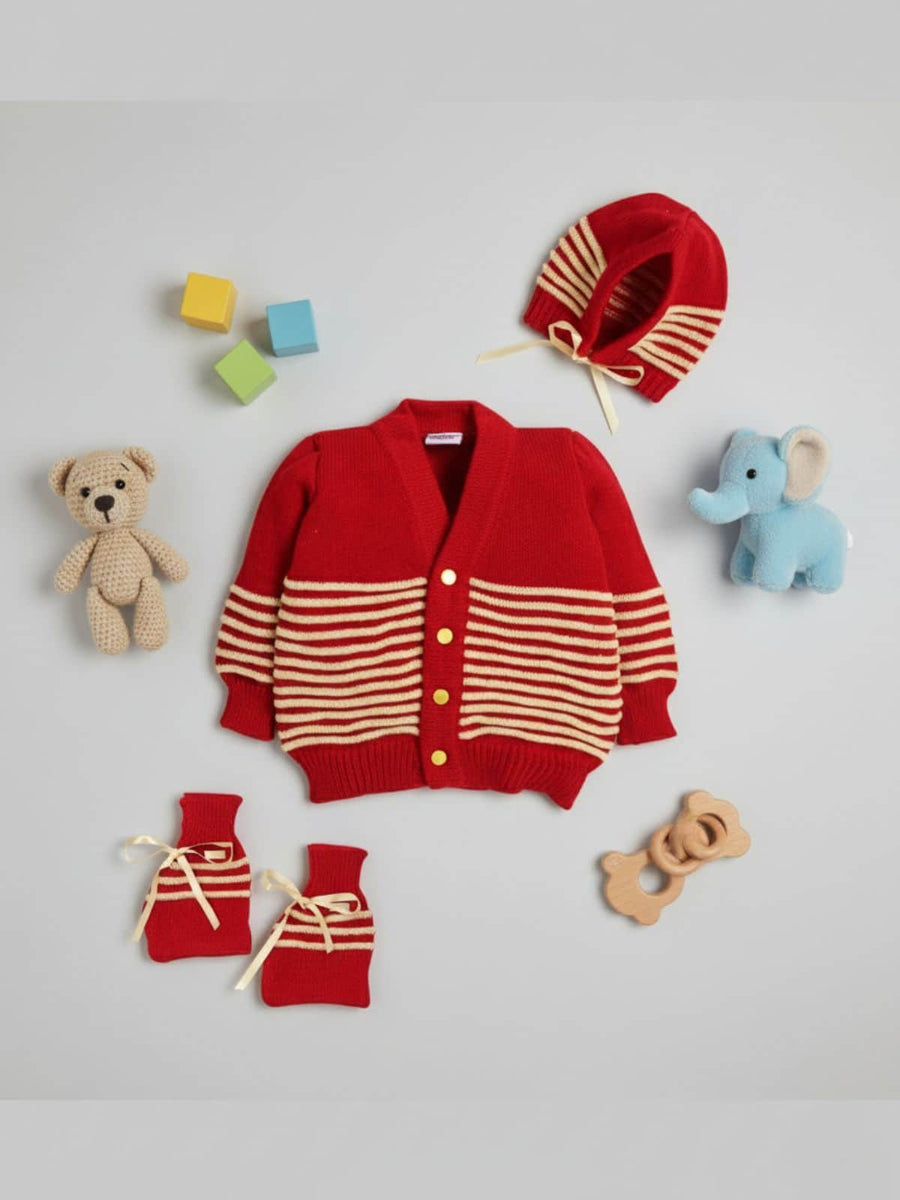 Red & Yellow bumper stripe 3-piece baby wool sweater set for baby 3-12 months by Little Angels
