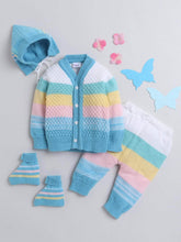 Little Angels Little Angels V-Neck Full Sleeves Textured Color-Block Blue & Multi Cardigan, Pants, Cap & Socks Sweater Sets Stripe Parade Baby Sweater Set 0-3M / Blue & Multicolour / Baby Wool