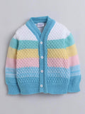 Little Angels Little Angels V-Neck Full Sleeves Textured Color-Block Blue & Multi Cardigan, Pants, Cap & Socks Sweater Sets Stripe Parade Baby Sweater Set