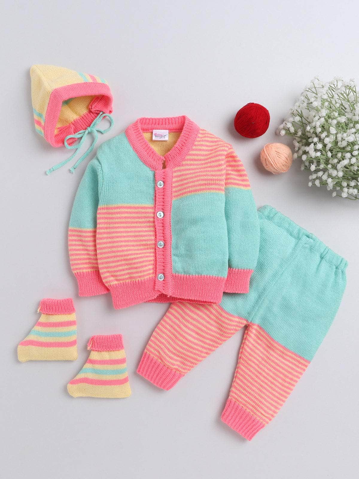 Little Angels Little Angels V-Neck Full Sleeves Striped Green & Neon Pink Cardigan, Pants, Cap & Socks Sweater Sets Stripe & Shine Knit Combo set 0-3M / Green & Neon Pink / Baby Wool