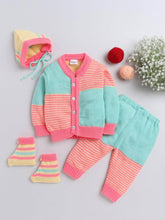 Little Angels Little Angels V-Neck Full Sleeves Striped Green & Neon Pink Cardigan, Pants, Cap & Socks Sweater Sets Stripe & Shine Knit Combo set 0-3M / Green & Neon Pink / Baby Wool