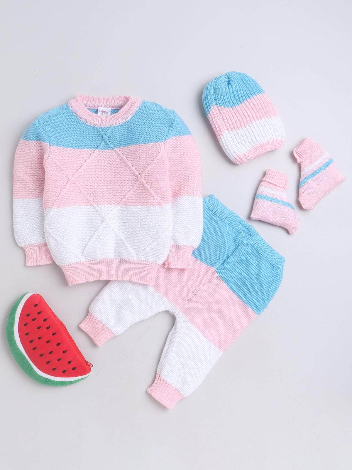 Little Angels Little Angels Round Neck Full Sleeves Color-Block Pink & Blue Cardigan, Pants, Cap & Socks Sweater Sets Sweet Ripple Baby Set 3-6M / Pink & Blue / Baby Wool