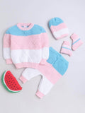 Little Angels Little Angels Round Neck Full Sleeves Color-Block Pink & Blue Cardigan, Pants, Cap & Socks Sweater Sets Sweet Ripple Baby Set 3-6M / Pink & Blue / Baby Wool