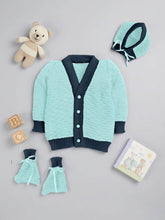 Little Angels Little Angels V-Neck Full Sleeves Color-Block with Cable Knit Grey & Navy Cardigan, Pants, Cap & Socks Sweater Sets The Neo-Classic Knitted Sweater Set 0-3 M / Green & Navy / Soft Wool