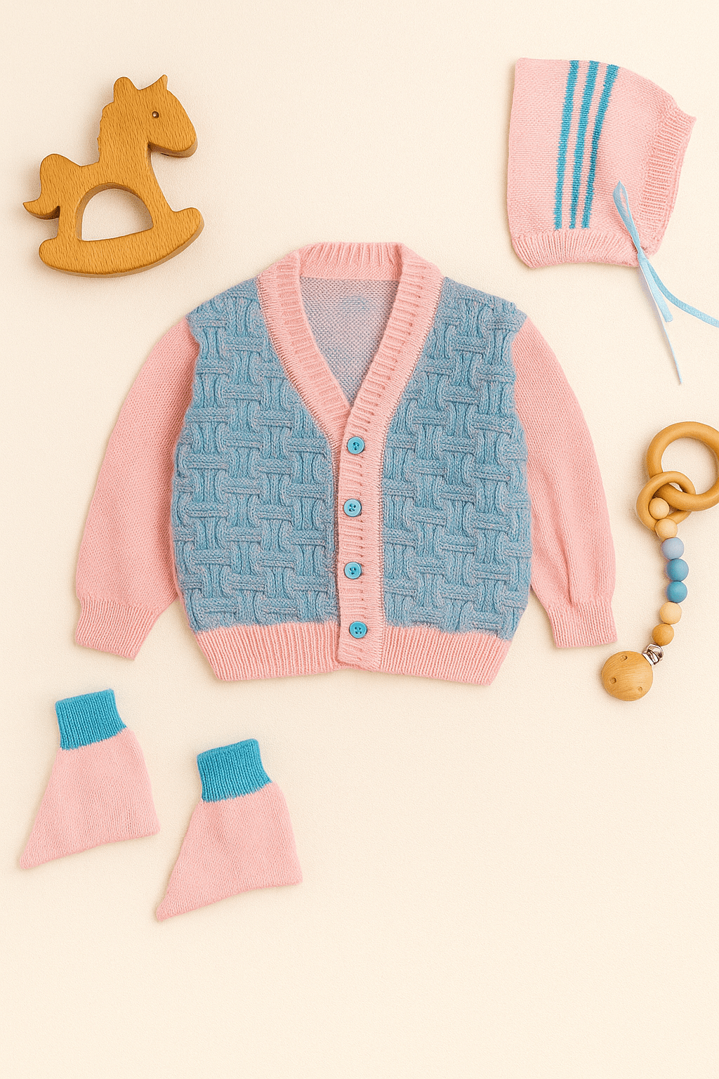 Little Angels Little Angels V-Neck Full Sleeves Full Sleeves Basketweave Cardigan, Tie-Knot Cap and Socks Sweater Sets Timeless Baby Knitted Outfit 0-3 M / Blue & Pink / Baby Wool