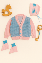 Little Angels Little Angels V-Neck Full Sleeves Full Sleeves Basketweave Cardigan, Tie-Knot Cap and Socks Sweater Sets Timeless Baby Knitted Outfit 0-3 M / Blue & Pink / Baby Wool