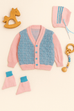 Little Angels Little Angels V-Neck Full Sleeves Full Sleeves Basketweave Cardigan, Tie-Knot Cap and Socks Sweater Sets Timeless Baby Knitted Outfit 0-3 M / Blue & Pink / Baby Wool