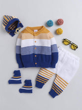 Little Angels Little Angels V-Neck Full Sleeves Striped Royal Blue & Mustard Cardigan, Pants, Cap & Socks Sweater Sets Tiny Sailor Stripes Set 0-3M / Royal Blue & Mustard / Baby Wool