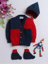 Little Angels Little Angels Sweater Set Baby Wool Full Sleeves V-Neck Color-Block Navy & Red 3-Piece Set Sweater Sets Tiny Spark Soft Knit Set 0-3M / Navy & Red / Baby Wool