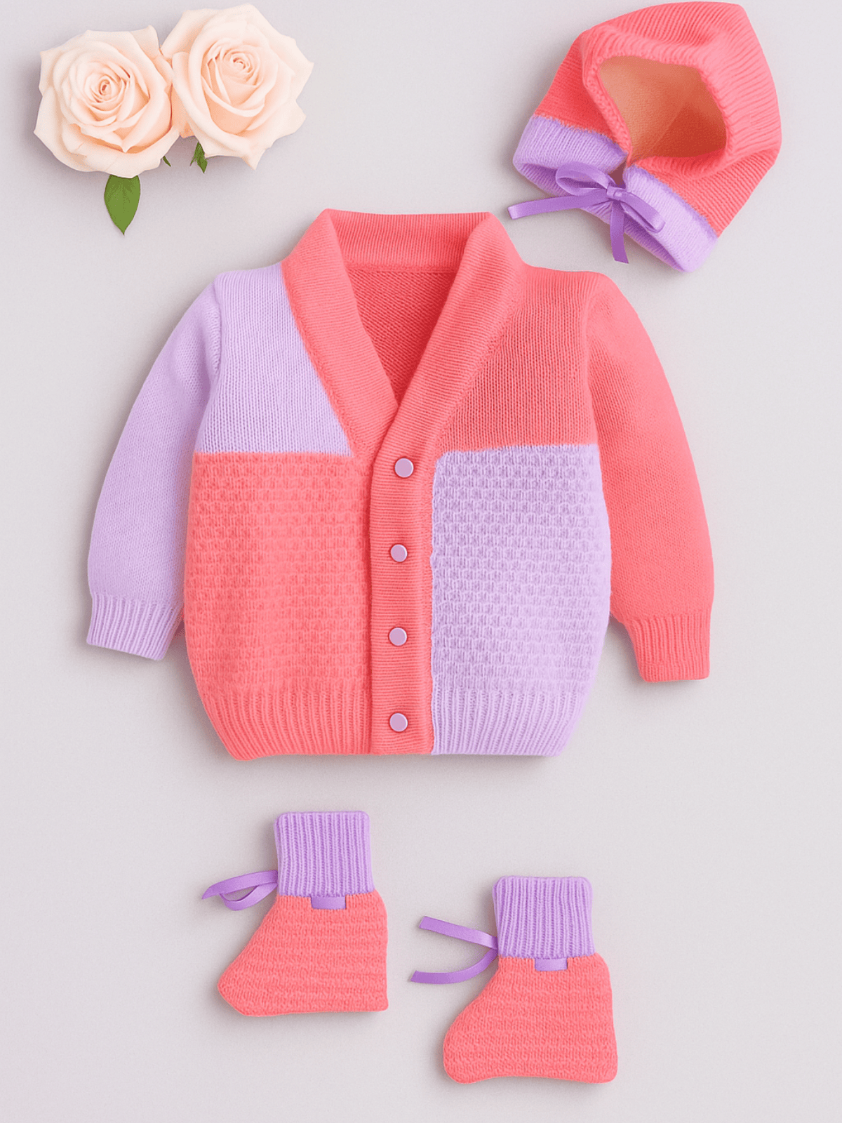 Little Angels Little Angels Sweater Set Baby Wool Full Sleeves V-Neck Color-Block Yellow & Green 3-Piece Set Sweater Sets Tiny Spark Soft Knit Set 6-12 M / Neon Pink & Violet / Soft Wool