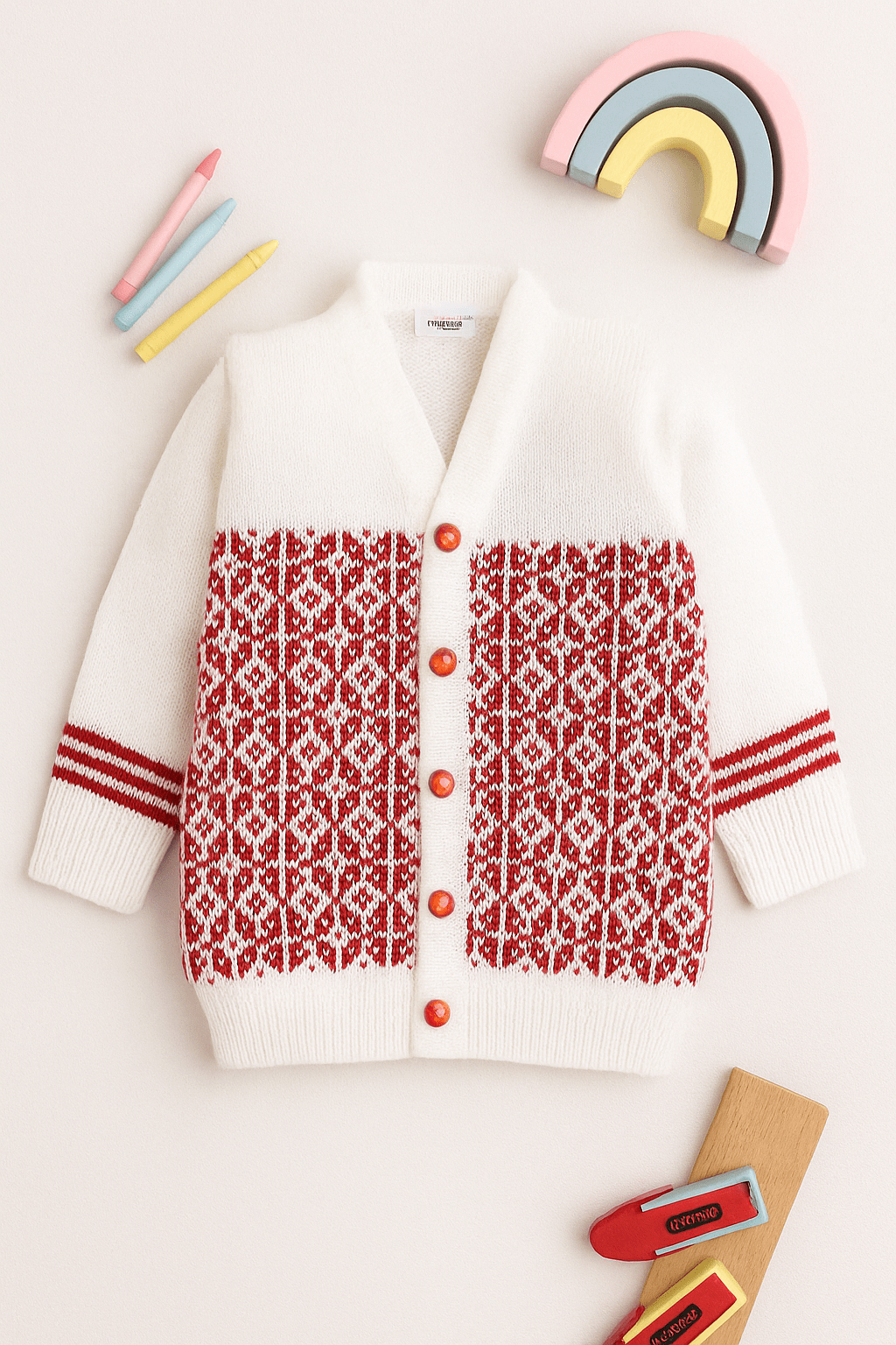 Little Angels Little Angels Sweater Set Baby Wool Full Sleeves V-Neck Fair Isle Knitted Red 3-Piece Set Sweater Sets Tiny Treasures Gems Cardigan 1-2Yr / Red / Baby Wool