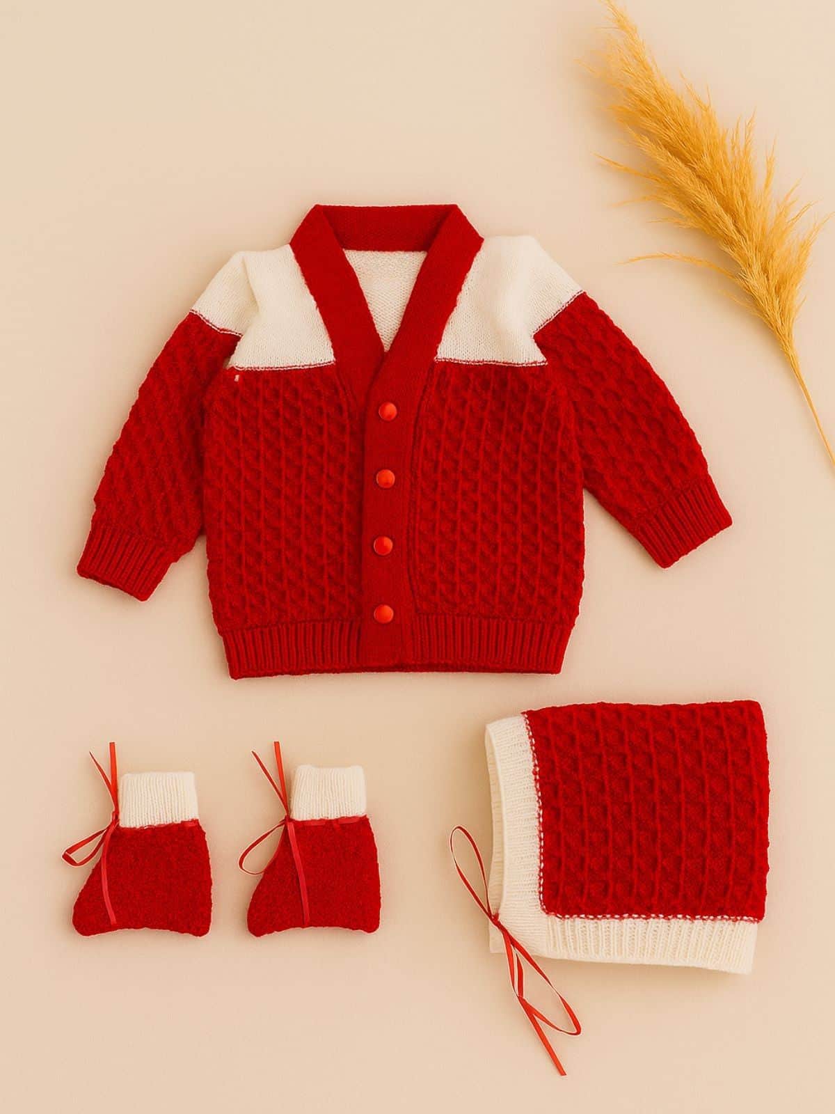 Little Angels Little Angels Sweater Set Baby Wool Full Sleeves V-Neck Fair Isle Knitted Peach 3-Piece Set Sweater Sets Tiny Treasures Gems Knit Set 6-12M / Red / Baby Wool