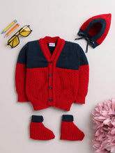 Little Angels Little Angels Sweater Set Baby Wool Full Sleeves V-Neck Color-Block with Basketweave Filling Design Red & Navy 3-Piece Set Sweater Sets Toasty Tots Winter Charm Set 0-3M / Red & Navy / Baby Wool