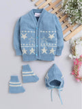 Little Angels Little Angels Sweater Set Baby Wool Full Sleeves V-Neck Jacquard Star Design Blue & Cream 3-Piece Set Sweater Sets Twinkle Nest Baby Knit Set 0-3M / Blue & Cream / Baby Wool
