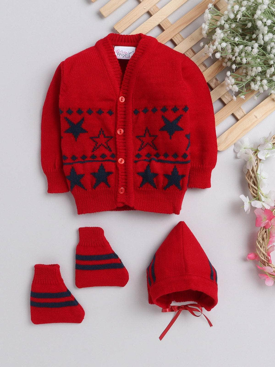 Little Angels Little Angels Sweater Set Baby Wool Full Sleeves V-Neck Jacquard Star Design Red & Navy 3-Piece Set Sweater Sets Twinkle Nest Baby Knit Set 0-3M / Red & Navy / Baby Wool