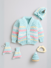 Little Angels Little Angels V-Neck Full Sleeves Full Sleeves Multi Striped Cardigan, Tie-Knot Cap and Socks Sweater Sets Twinkle Weave Baby Wool Set 0-3M / Green / Baby Wool
