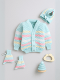 Little Angels Little Angels V-Neck Full Sleeves Full Sleeves Multi Striped Cardigan, Tie-Knot Cap and Socks Sweater Sets Twinkle Weave Baby Wool Set 0-3M / Green / Baby Wool