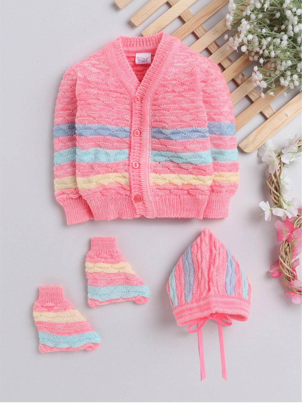 Little Angels Little Angels V-Neck Full Sleeves Full Sleeves Multi Striped Cardigan, Tie-Knot Cap and Socks Sweater Sets Twinkle Weave Baby Wool Set