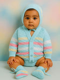 Little Angels Little Angels V-Neck Full Sleeves Full Sleeves Multi Striped Cardigan, Tie-Knot Cap and Socks Sweater Sets Twinkle Weave Baby Wool Set