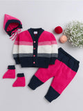Little Angels Little Angels V-Neck Full Sleeves Color-Block Dark Blue Cardigan, Pants, Cap & Socks Sweater Sets Warm Hugs Colorblock Set 0-3M / Fuschia / Baby Wool