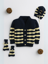 Little Angels Little Angels V-Neck Full Sleeves Full Sleeves Striped Cardigan, Tie-Knot Cap and Socks Sweater Sets Waves of Warmth Knit Set