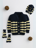 Little Angels Little Angels V-Neck Full Sleeves Full Sleeves Striped Cardigan, Tie-Knot Cap and Socks Sweater Sets Waves of Warmth Knit Set