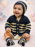 Little Angels Little Angels V-Neck Full Sleeves Full Sleeves Striped Cardigan, Tie-Knot Cap and Socks Sweater Sets Waves of Warmth Knit Set