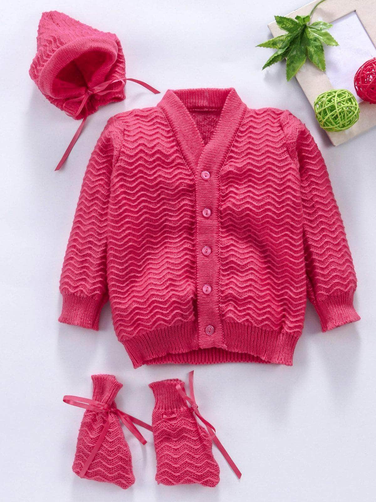 Little Angels Little Angels Sweater Set Baby Wool Full Sleeves V-Neck Striped in a Pearl Pattern Pink 3-Piece Set Sweater Sets Zaggy Cuddles Baby Knit Set