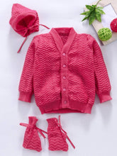 Little Angels Little Angels Sweater Set Baby Wool Full Sleeves V-Neck Striped in a Pearl Pattern Pink 3-Piece Set Sweater Sets Zaggy Cuddles Baby Knit Set