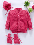Little Angels Little Angels Sweater Set Baby Wool Full Sleeves V-Neck Striped in a Pearl Pattern Pink 3-Piece Set Sweater Sets Zaggy Cuddles Baby Knit Set