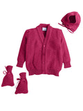Little Angels Little Angels Sweater Set Baby Wool Full Sleeves V-Neck Striped in a Pearl Pattern Pink 3-Piece Set Sweater Sets Zaggy Cuddles Baby Knit Set Fuchsia / Baby Wool / 0-3 M