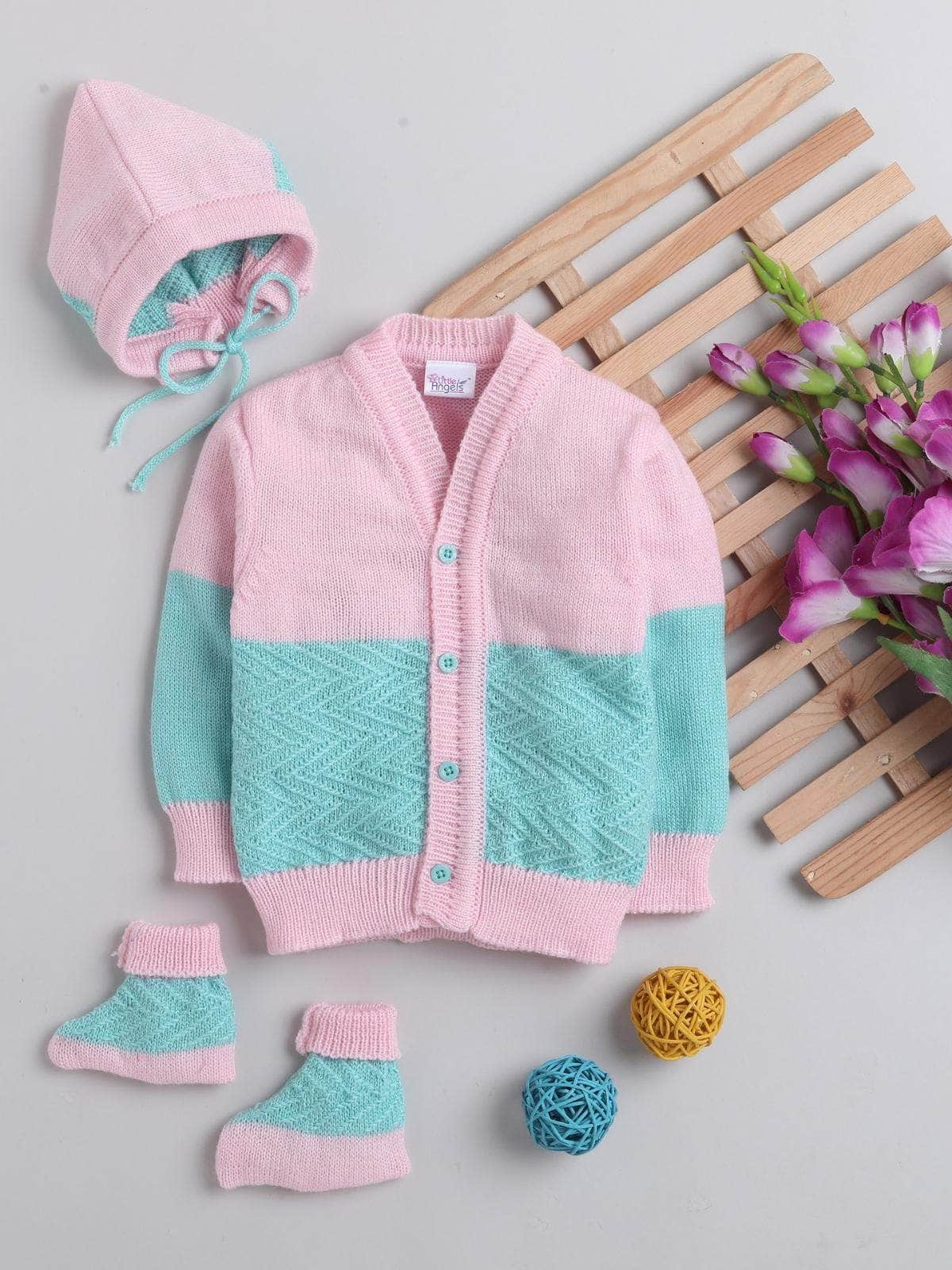 Little Angels Little Angels Sweater Set Baby Wool Full Sleeves V-Neck Textured Chevron Pink & Green 3-Piece Set Sweater Sets Zig-Zag Snuggle Bloom Set 0-3M / Pink & Green / Baby Wool