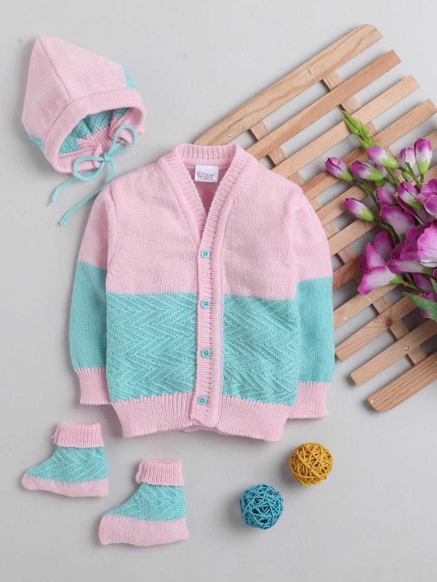 Pink & Green chevron knit 3-piece baby wool sweater set for newborn 0-12 months by Little Angels