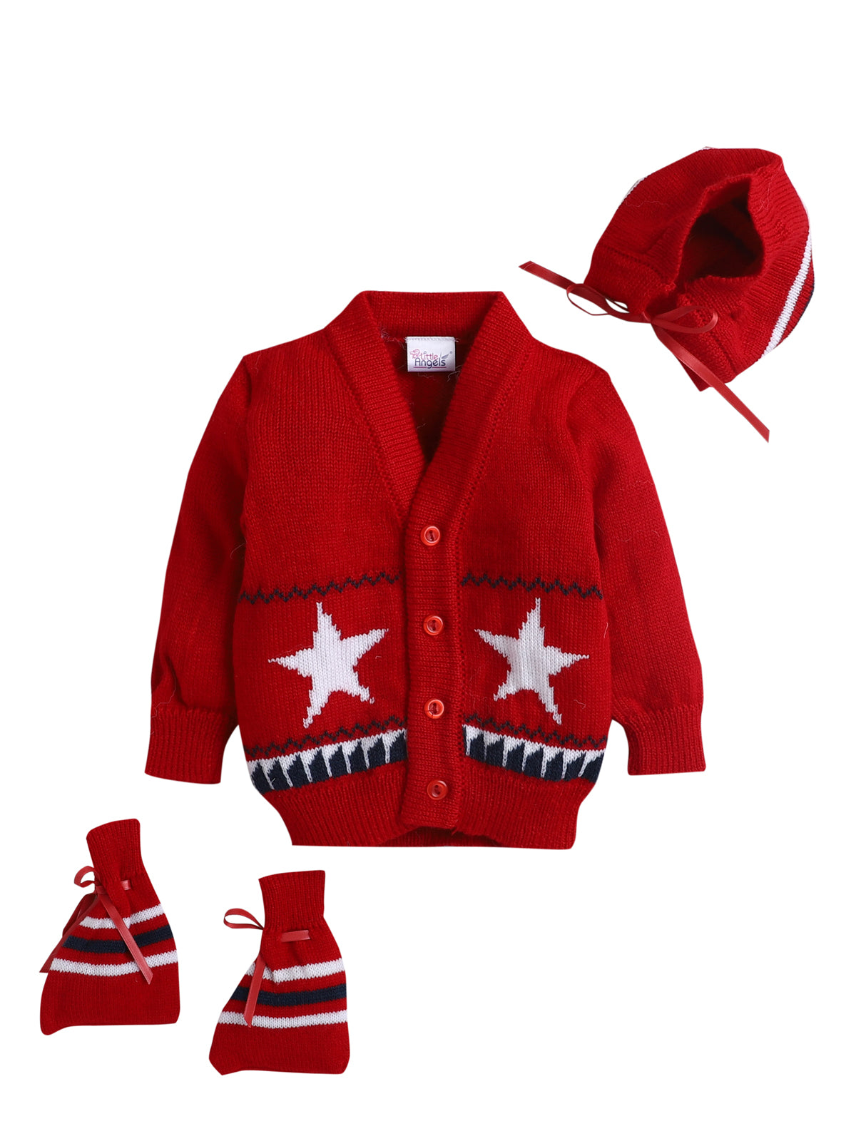 V-Neck Full Sleeves Star Cardigan, Tie-Knot Cap and Socks