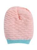 Woollen Textured Pink & Green Beanie Cap with Pom Pom