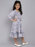 Puffed Sleeves Floral Print Cotton Fit & Flare Dress with Belt