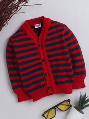 V Neck Full Sleeves Front Open Red Navy Stripes Cardigan